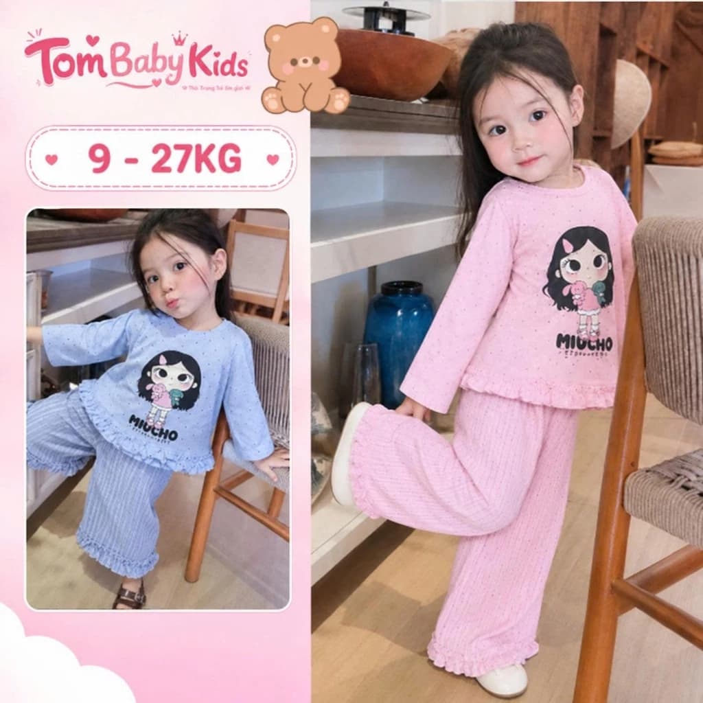 Set bộ thun giấy bé gái, đồ bộ thu đông dài tay chấm bi in hình bé gái MIO mix quần dài kẻ phối bèo 9-27kg Tom Baby Kids