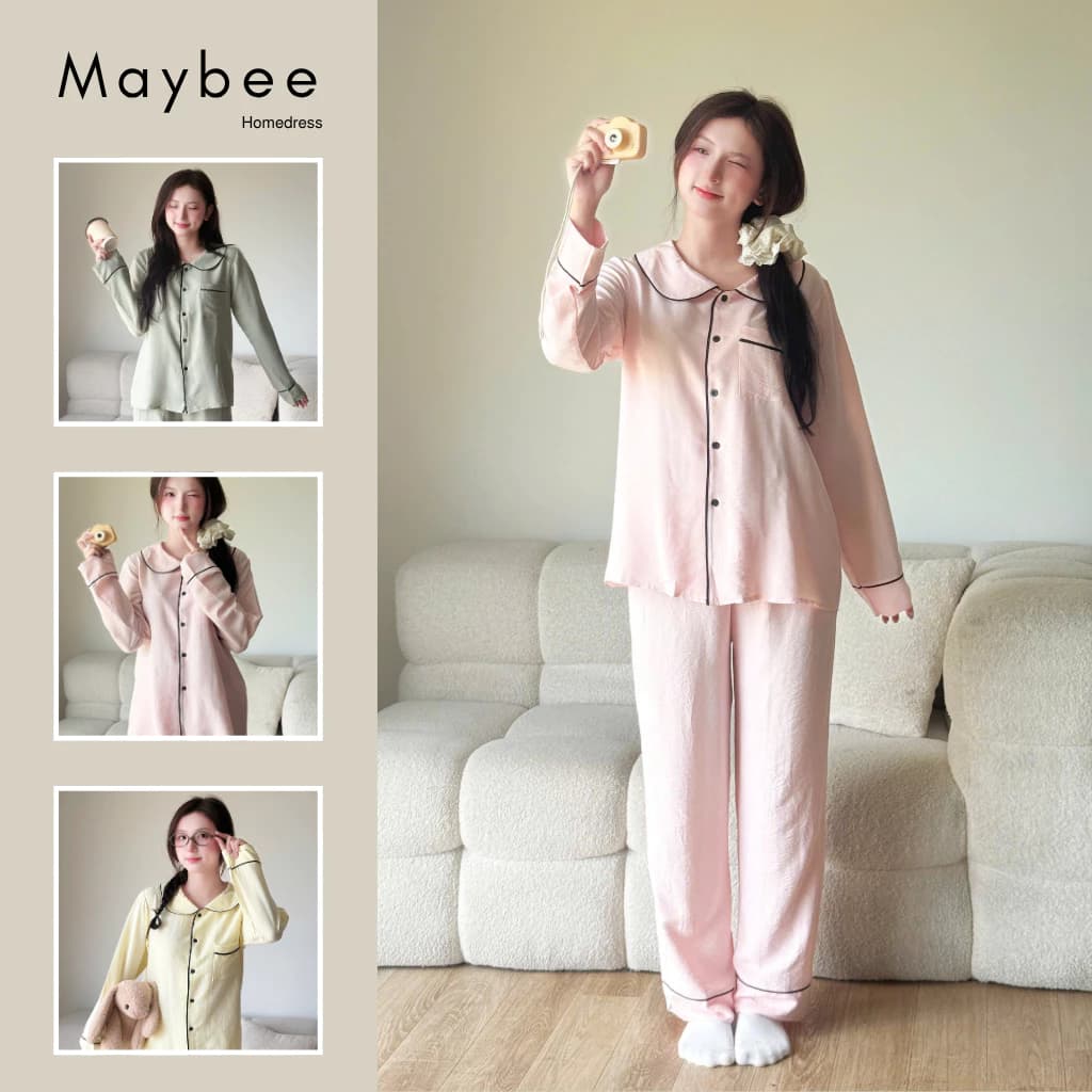 MB-SET-031 Set đồ ngủ trơn cổ sen viền né Maybee Homedress