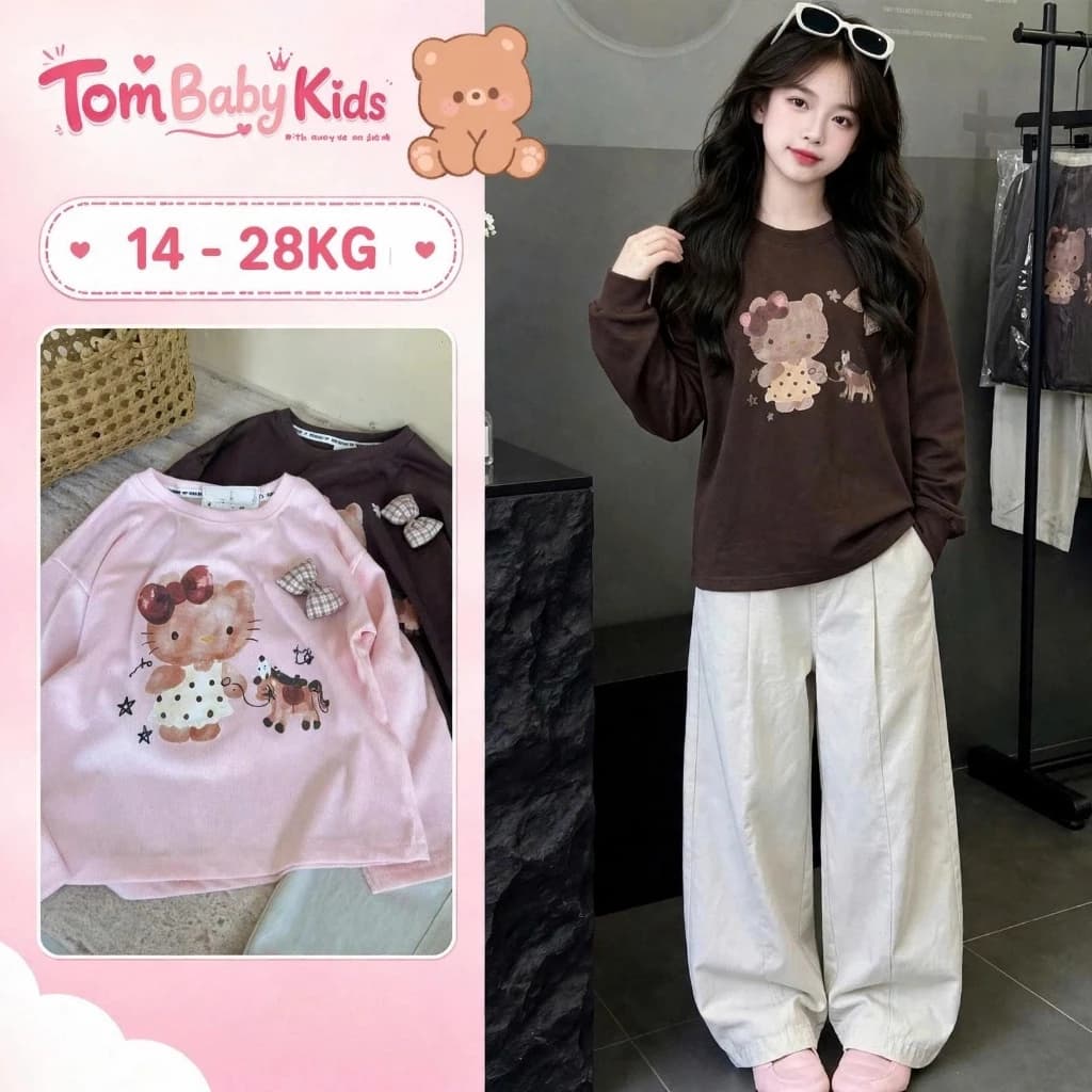 Đồ bộ bé gái, set bộ bé gái thu đông áo thun dài tay Hello Kitty Nâu Hồng phối quần Kaki Baggy, phong cách Hàn Quốc cho