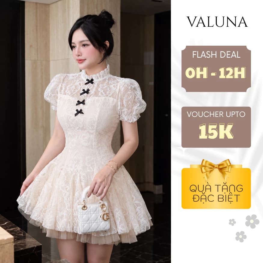 Váy ren 4 nơ nữ cổ cao tay bồng dáng xòe tiểu thư sang trọng dự tiệc đi chơi VALUNA STORE 2784