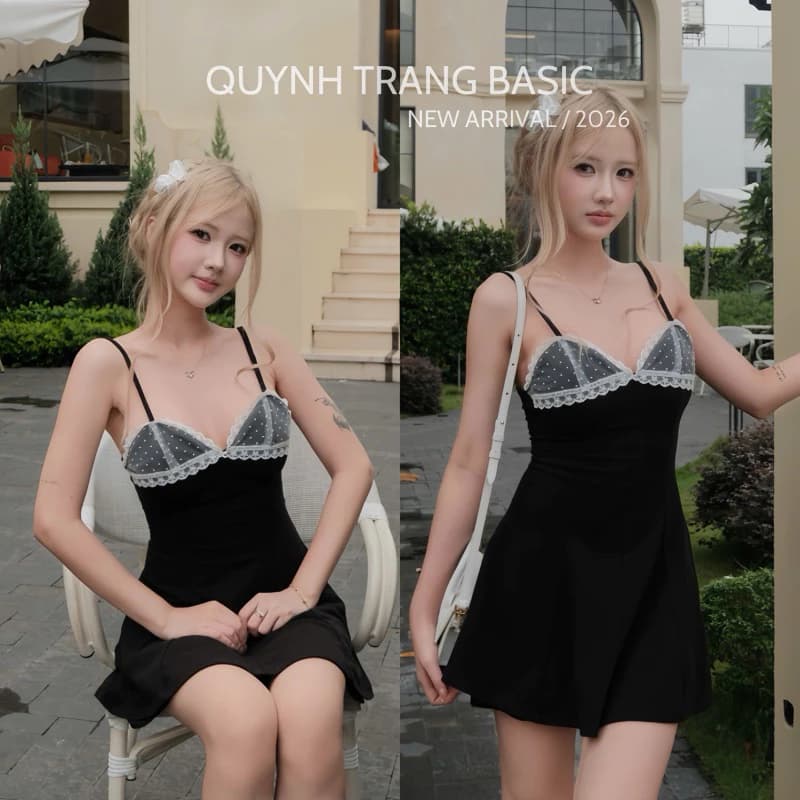 Ballet Core Dress - Váy Đen Hai Dây Phối Lưới Chấm Bi Dáng xoè chữ A Sang trọng By QuynhTrangBasic