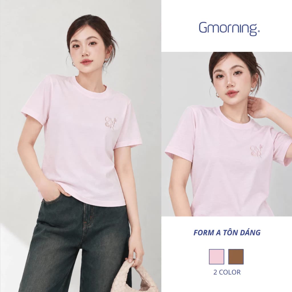 Áo Thun Nữ Gmorning YATG09075 Form Suông Cổ Tròn Tay Ngắn Thêu Chữ GMOR Cotton 2C Áo Phông Nữ Basic Hằng Ngày