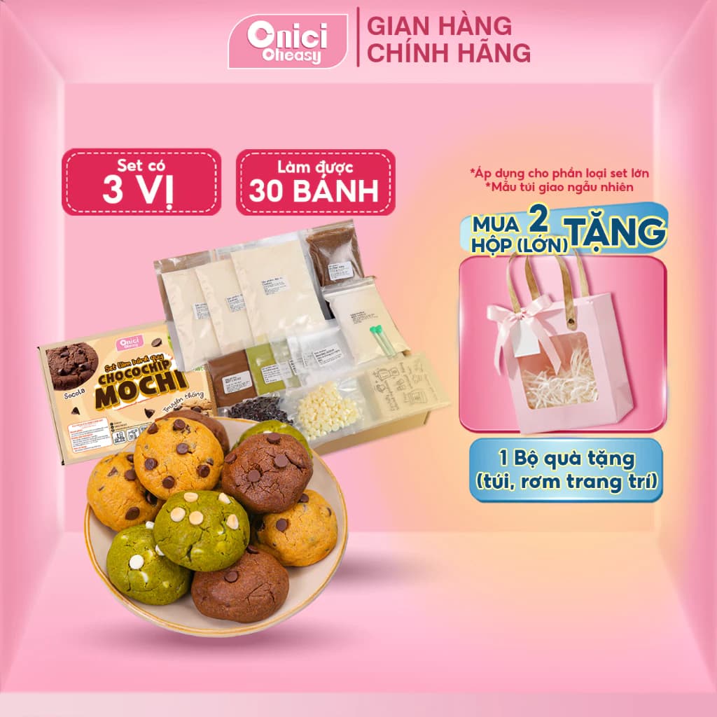 Set làm bánh Chocochip Cookie Mochi 3 vị truyền thống, matcha, socola ONICI thành phẩm 30 bánh