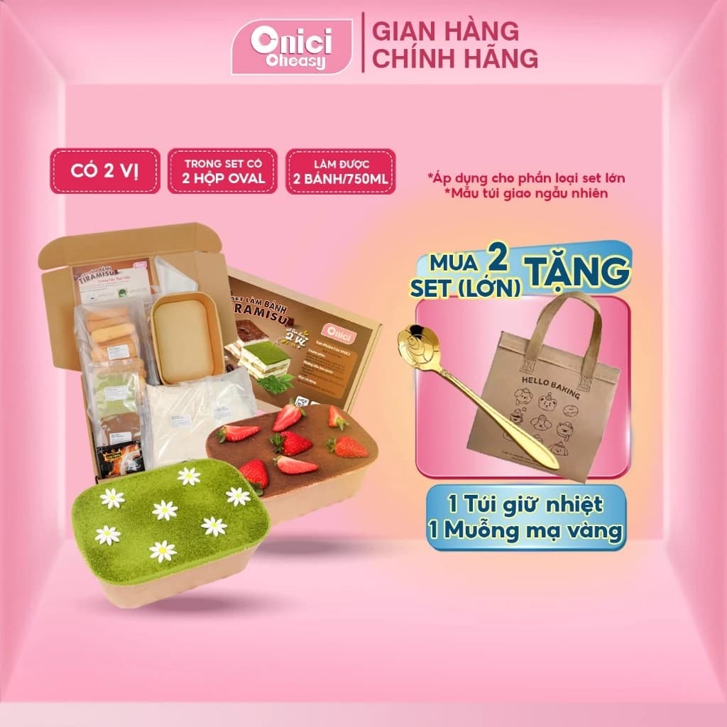 Set làm bánh tiramisu hộp thượng hạng 2 vị matcha, cacao ONICI thành phẩm 2 hộp (750ml/hộp)