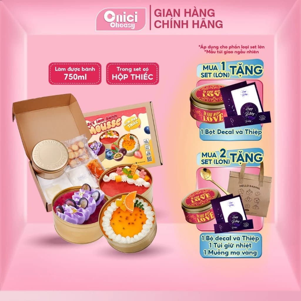Set làm bánh mousse HỘP THIẾC 3 vị dâu, việt quất, chanh dây tự chọn ONICI thành phẩm 750ml/bánh