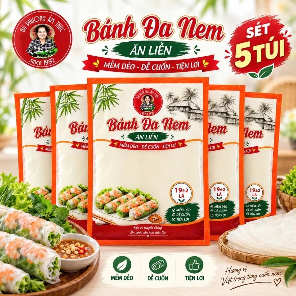 Combo 5 Túi Bánh Đa Nem Ăn Liền - Thương Hiệu Bu Phương Ẩm Thực (Cuốn Nem, Gỏi, Bánh Xèo, Hải Sản)