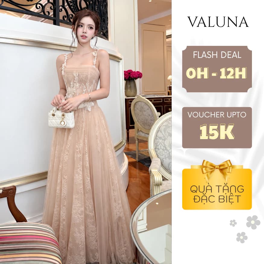 Váy lưới đính hoa ren nữ 2 dây dáng dài thêu hoa nổi sang trọng dự tiệc thanh lịch VALUNA STORE 2785