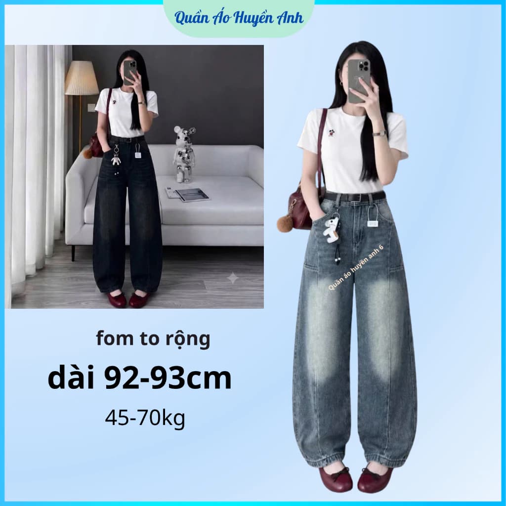 [Fom To Rộng] Quần jeans dài 92cm thêu chữ dáng cong thụng rộng (Không kèm cham ngựa) (92cm)  m93
