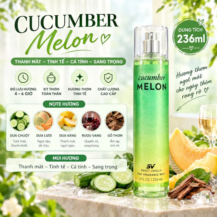 Body mist Xịt thơm Toàn thân Cucumber Melon 236ml hương dưa lưới thanh mát