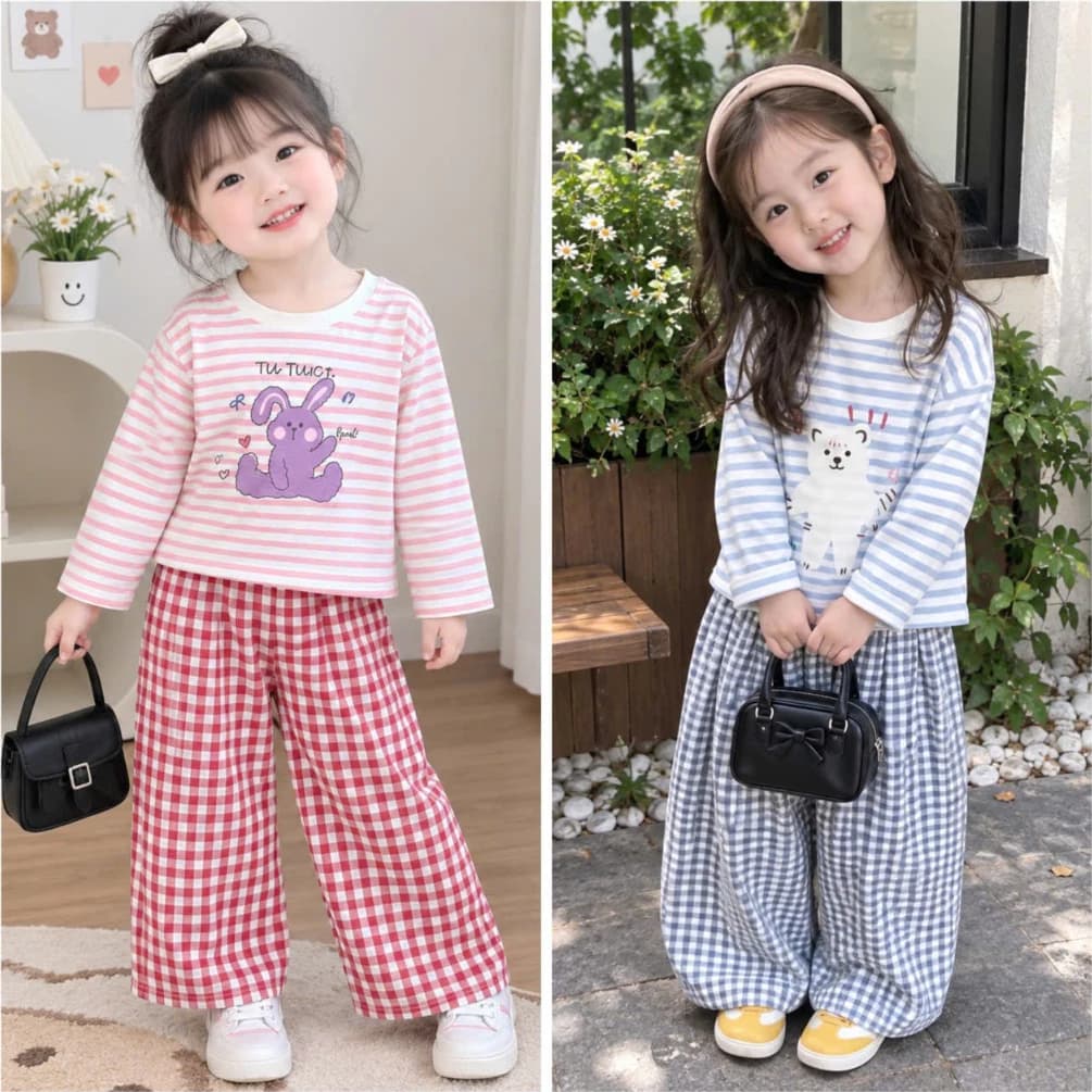 [A76] Bộ thu đông bé gái dài tay, set quần áo trẻ em áo thun cotton phối quần đũi caro in hình TUTU dễ mặc 9-35kg