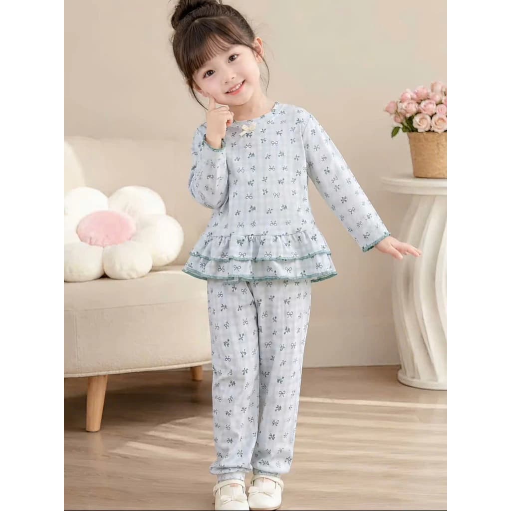 [A81] Bộ thu đông bé gái dài tay, set quần áo trẻ em chất thun tăm họa tiết nơ bèo tầng xinh xắn dễ mặc 8-18kg