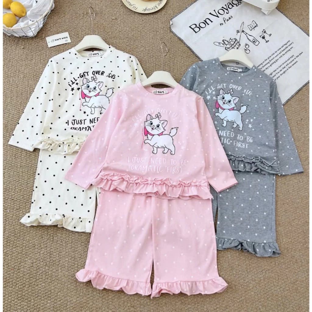[A78] Bộ thu đông bé gái dài tay, set quần áo trẻ em chất tăm thái bèo chấm bi in hình mèo nơ xinh 18-42kg