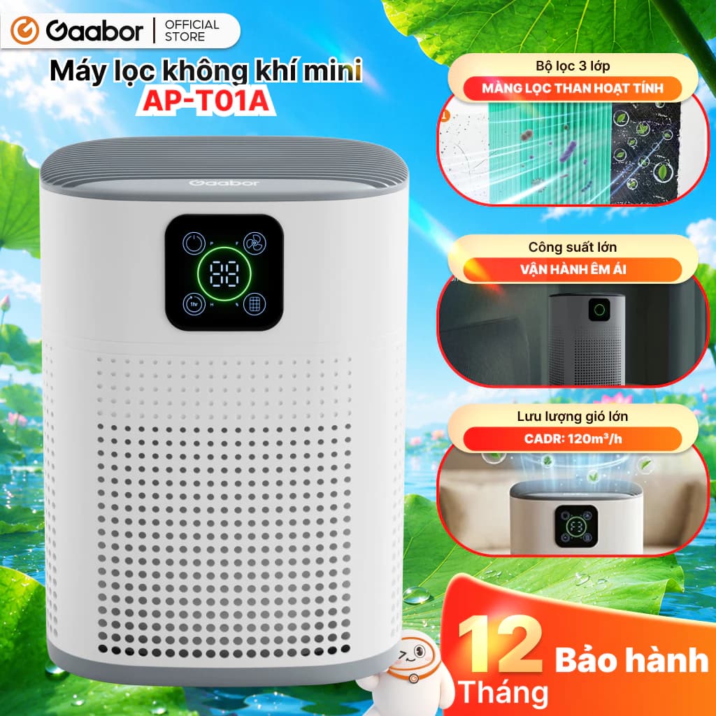 Gaabor máy lọc không khí mini để bàn AP-T01A lọc bụi mịn hẹn giờ đến 9H diện tích dưới 20m2