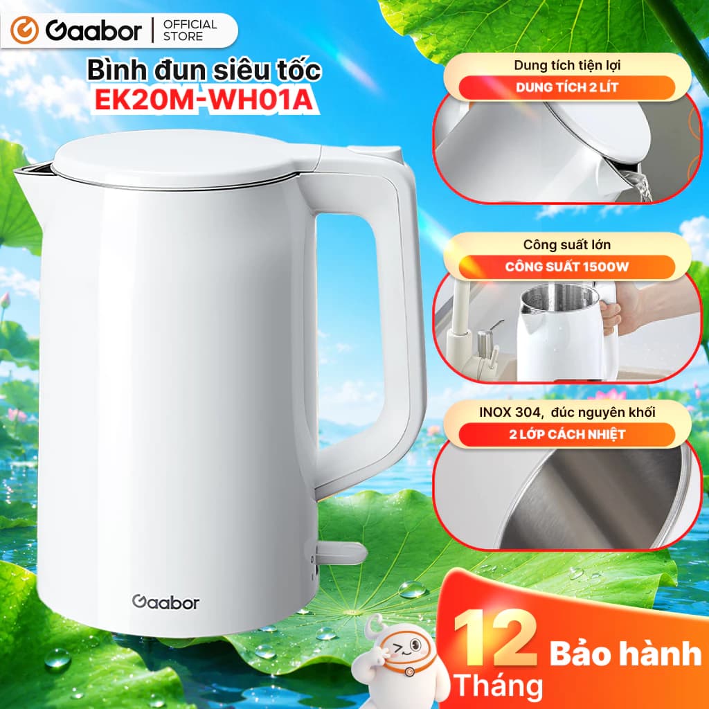 Gaabor Bình đun siêu tốc EK20M dung tích lớn 2L công suất 1500W lòng inox nấu sôi nhanh an toán tiết kiệm điện [L]