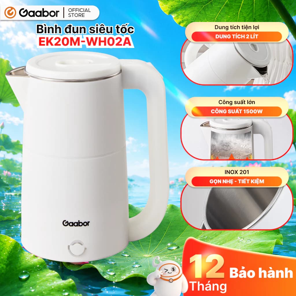 Gaabor Bình đun siêu tốc EK20M-WH02A dung tích lớn 2L công suất 1500W lòng ấm thép liền kề dễ vệ sinh an toàn [L]