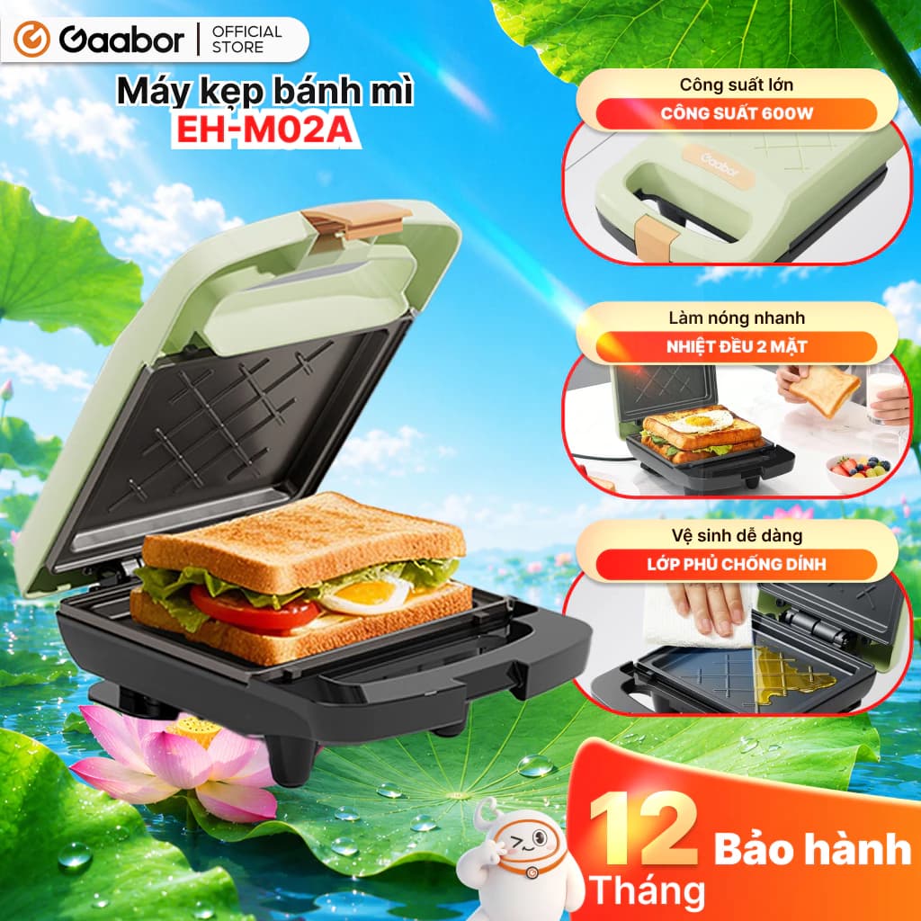 Gaabor Máy kẹp sandwich EH-M02A công suất 500W thiết kế chống dính nướng bánh mì, rán trứng [L]