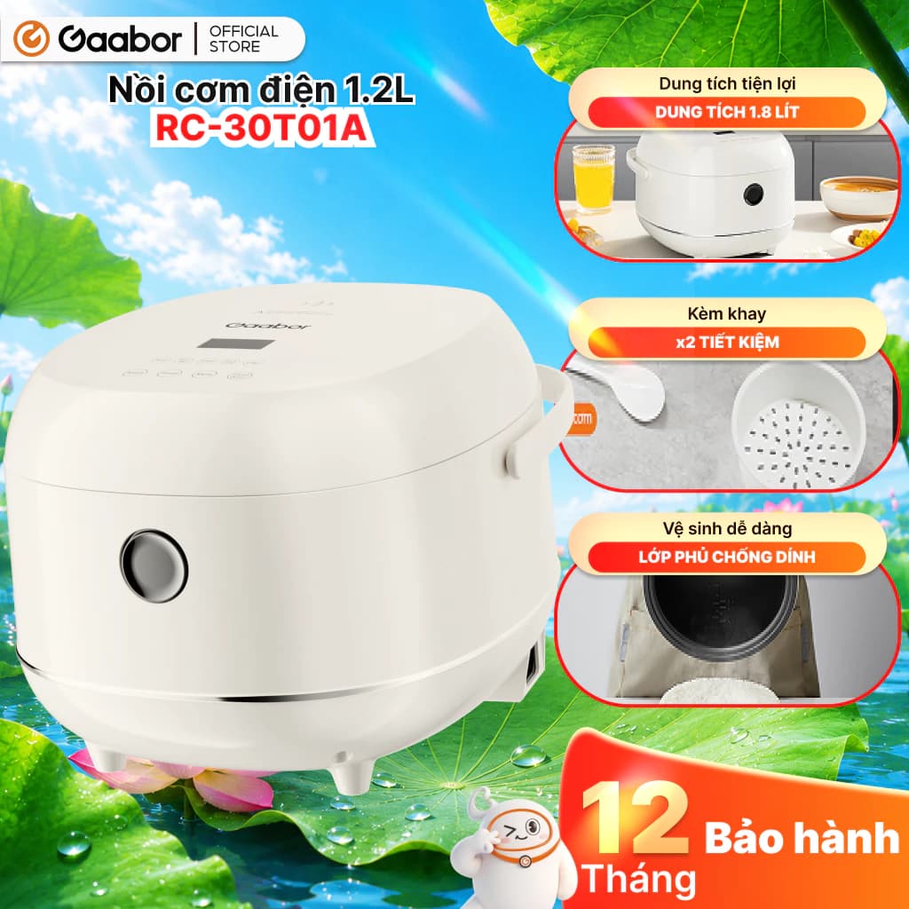 Gaabor Nồi cơm điện tử dung tích 1.2L RC-30T01A tích hợp 5 chế độ nấu thông minh giữ ấm có quai xách