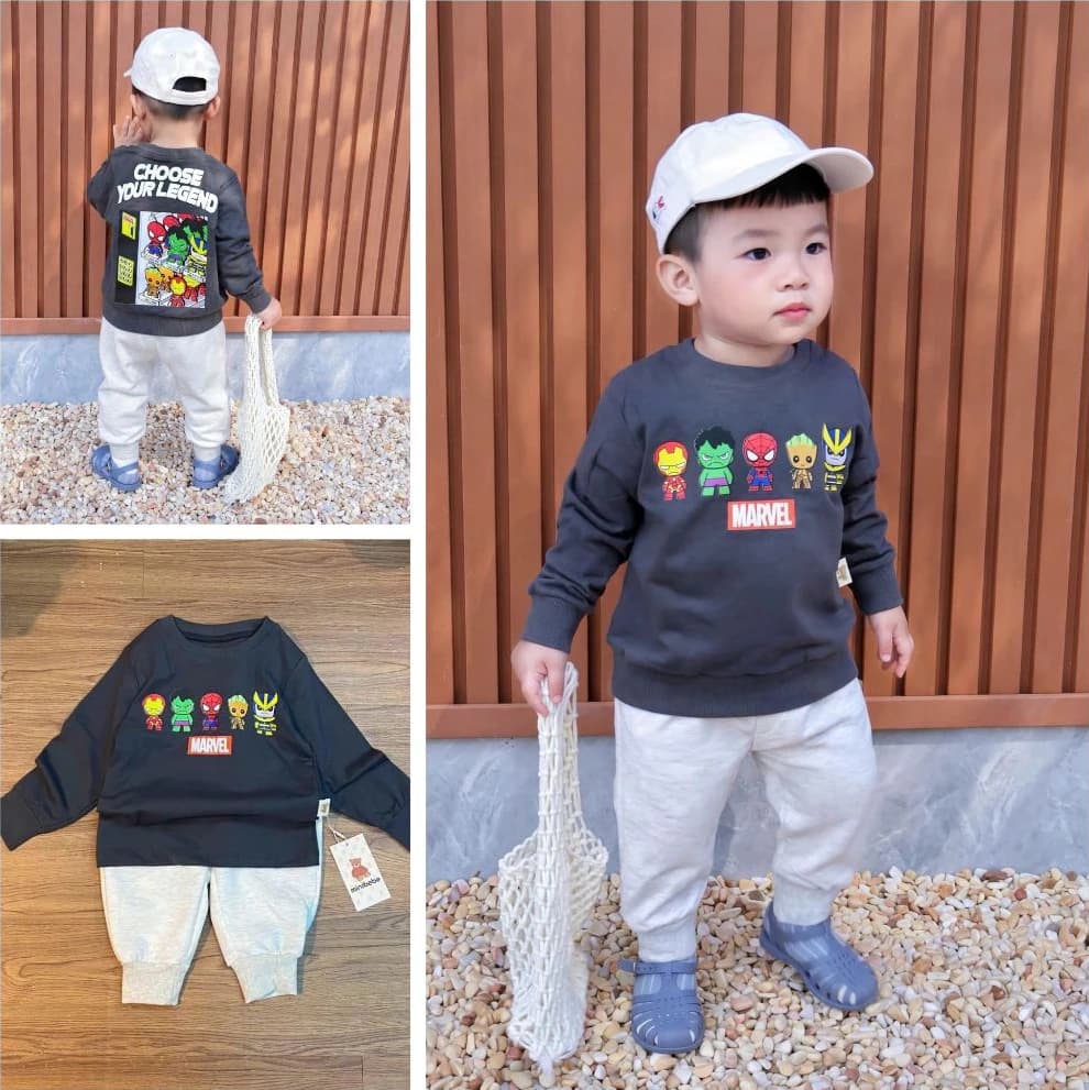 Bộ thu đông bé trai marvel, Bộ dài tay bé trai cotton 4 chiều mềm mịn không lo nóng bí [9-24kg]