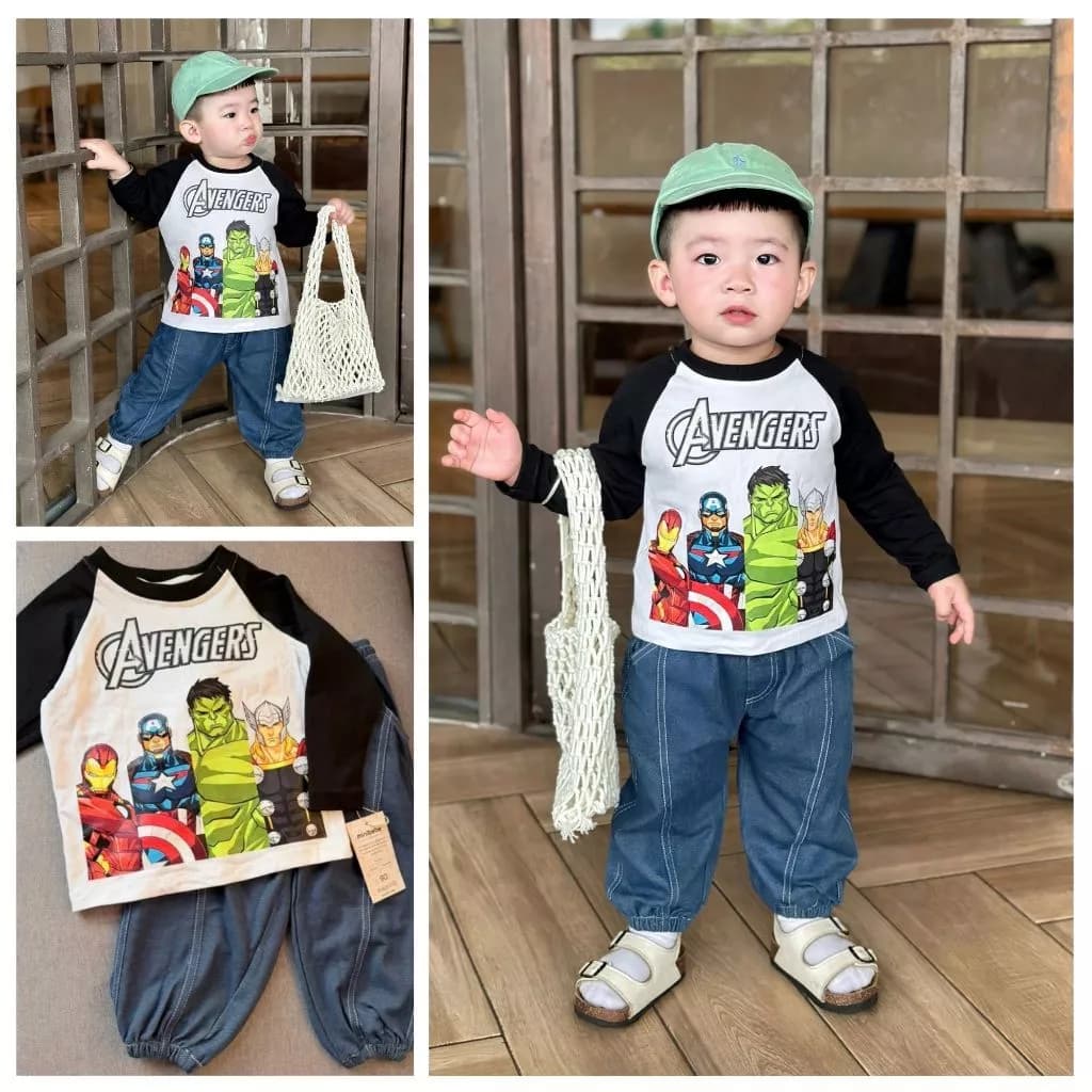 Bộ thu đông bé trai Avengers, bộ dài tay bé trai áo phối màu chất cotton quần denim bo gấu [9-24kg]