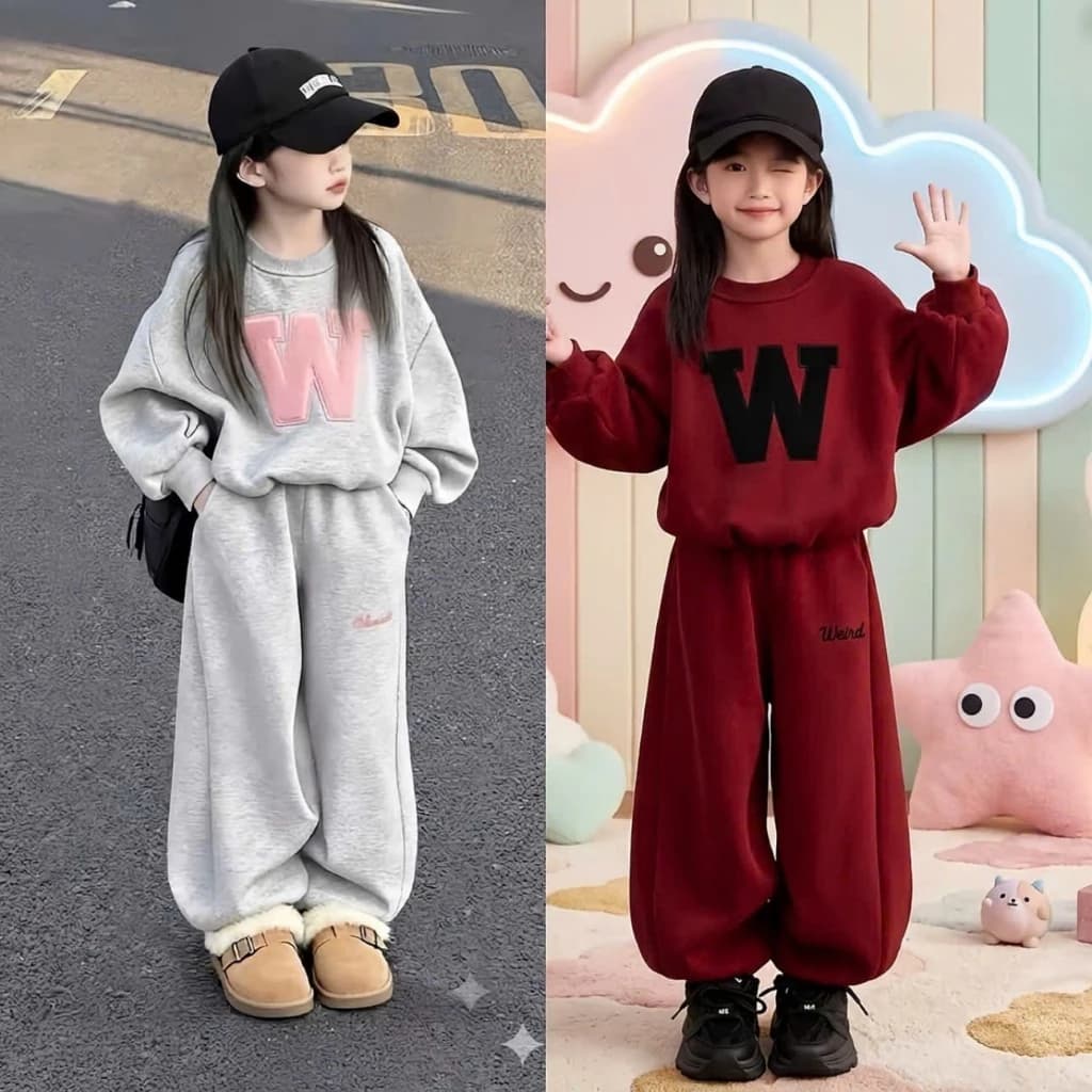 [A84] Bộ thu đông bé gái dài tay, set quần áo trẻ em chất da cá in chữ W form rộng cá tính dễ mặc 15-50kg