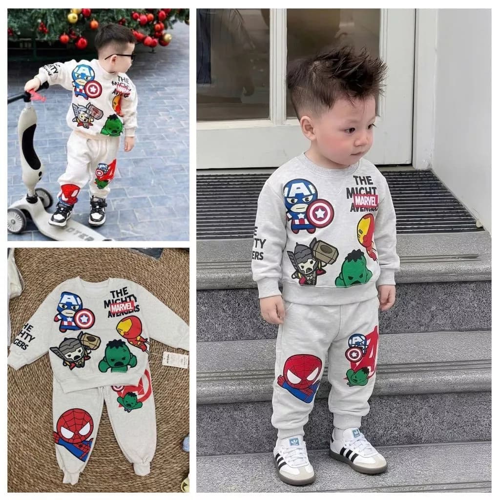 Bộ thu đông bé trai, Bộ dài tay bé trai in hình siêu nhân anh hùng chất cotton cho bé từ 9 đến 24kg