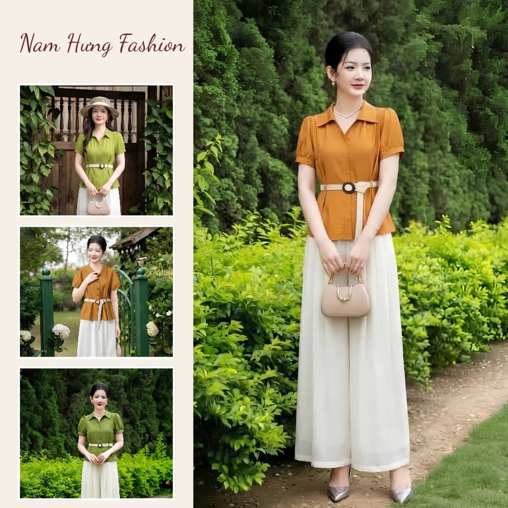Set bộ nữ áo sơ mi tay ngắn kèm quần suông ống rộng màu kem phong cách vintage - Nam Hưng Fashion