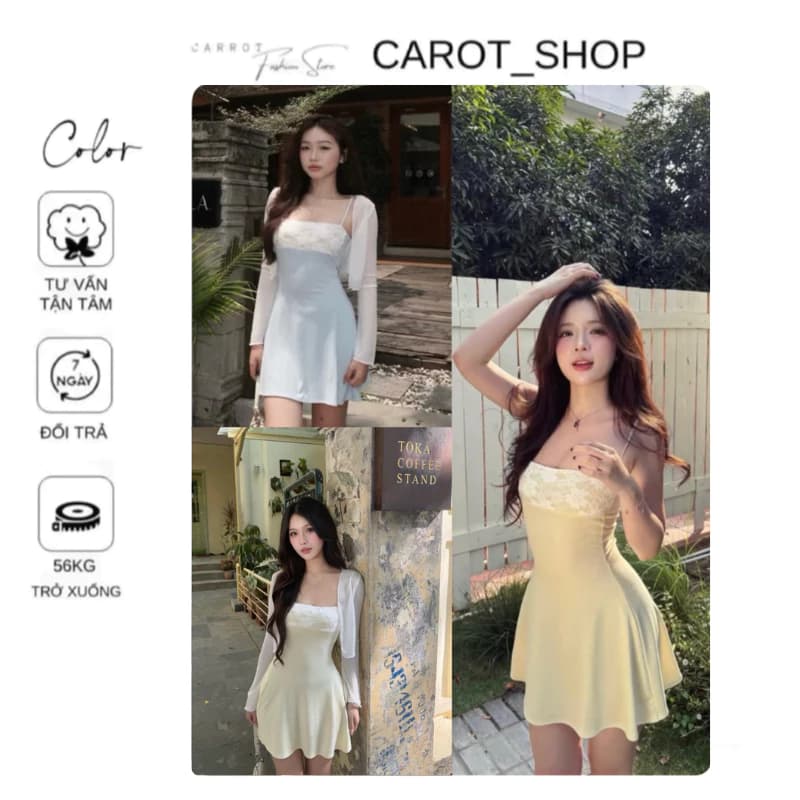 (CÓ MÚT+ QUẦN LÓT +BIGSIZE) VN125 Đầm 2 dây phối ren trắng  KÈM ÁO KHOÁC chất thun co giãn 4 chiều ôm body by CarrotShOP