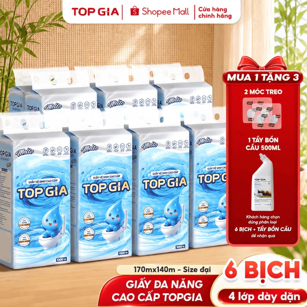 [XẢ KHO BỊCH SIZE ĐẠI] Giấy vệ sinh treo tường đa năng TopGia Melto 1000 tờ 4 lớp mềm mịn, tiện lợi