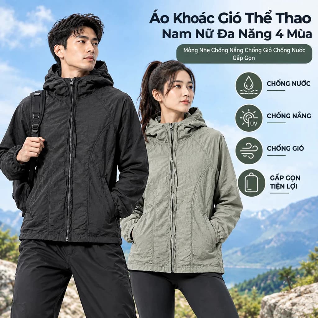 Áo Khoác Gió Thể Thao Nam Nữ Chống Nước Chống Nắng Chống Gió 4 Mùa Mỏng Nhẹ Đa Năng Gấp Gọn
