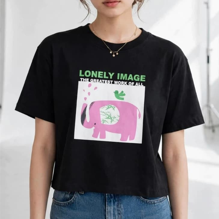 Áo Croptop Thun Nữ Form Rộng Tay Ngắn Cổ Tròn Hình In Chữ