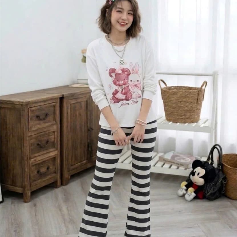 Bộ Đồ Nữ Áo Vải Giấy Gạo Cao Cấp - Quần Dài kẻ Co Giãn Form Freesize (48-63kg)