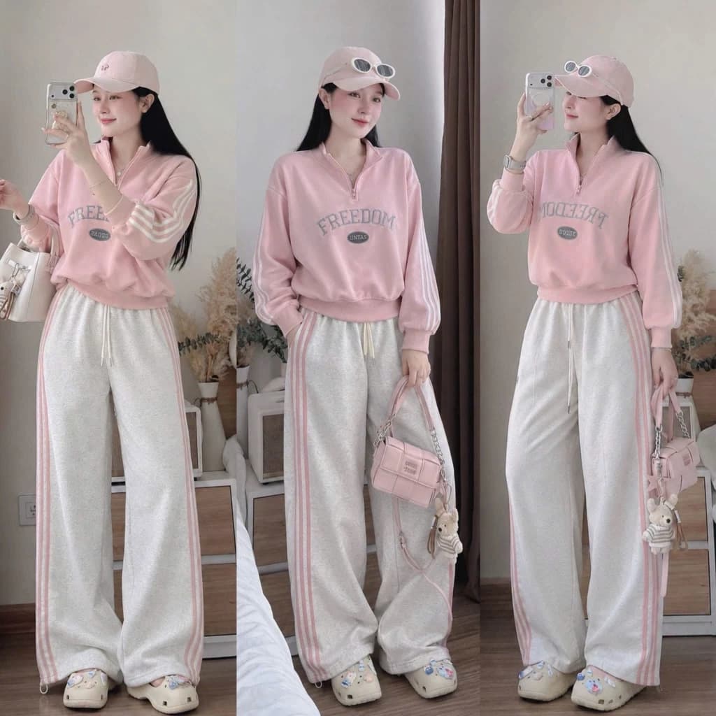 Set Bộ Đồ Nữ Áo Nỉ Hồng Cổ Polo Kéo Khóa Lửng Thêu FREEDOM Phối Sọc Trắng Mix Quần Nỉ Xám Suông Dài Ống Rộng