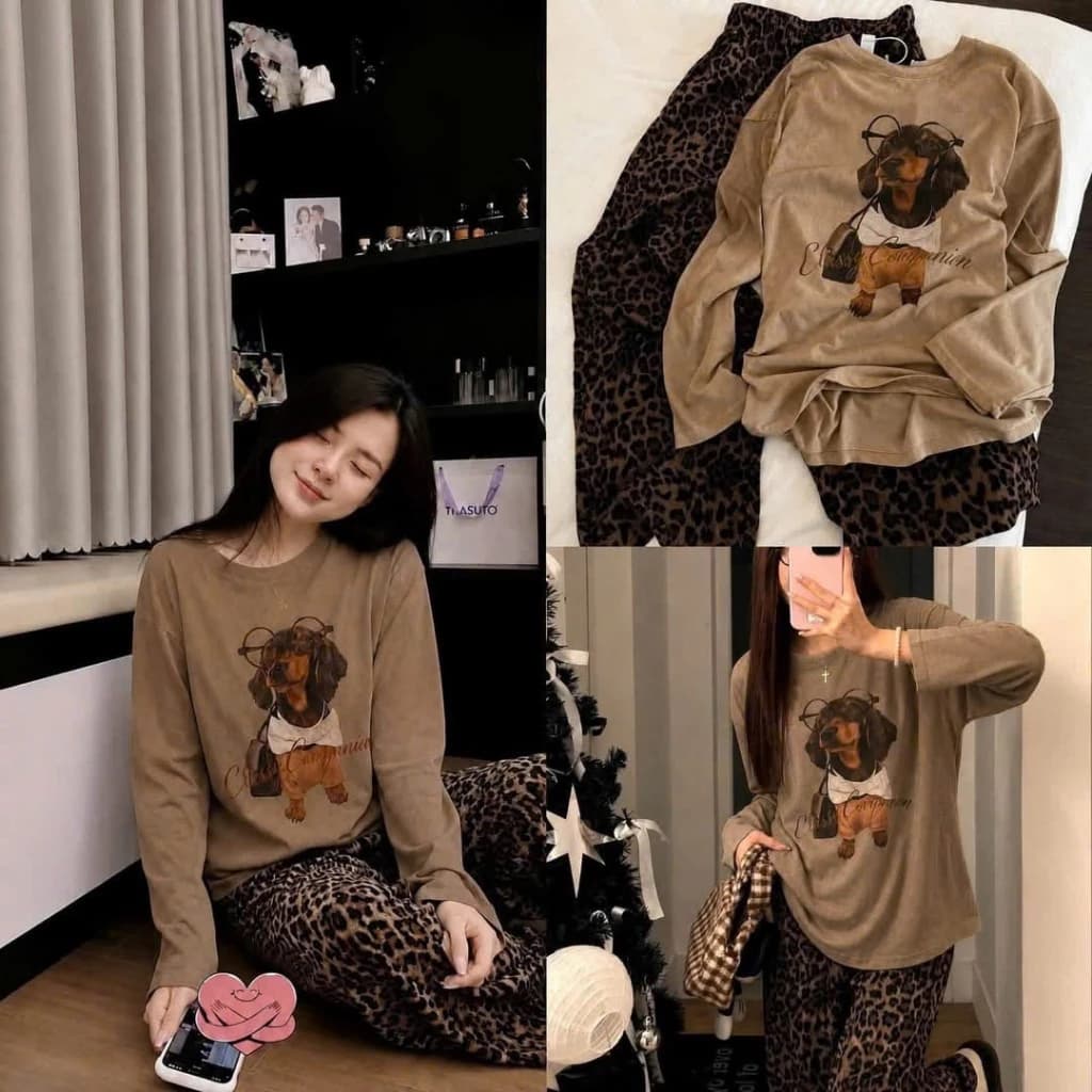 SEt Bộ Đồ Nữ Áo Thun Giấy nâu Dài Tay In Cún Nâu Đeo Kính Mix Quần Dài Ống Rộng Họa Tiết Da Báo