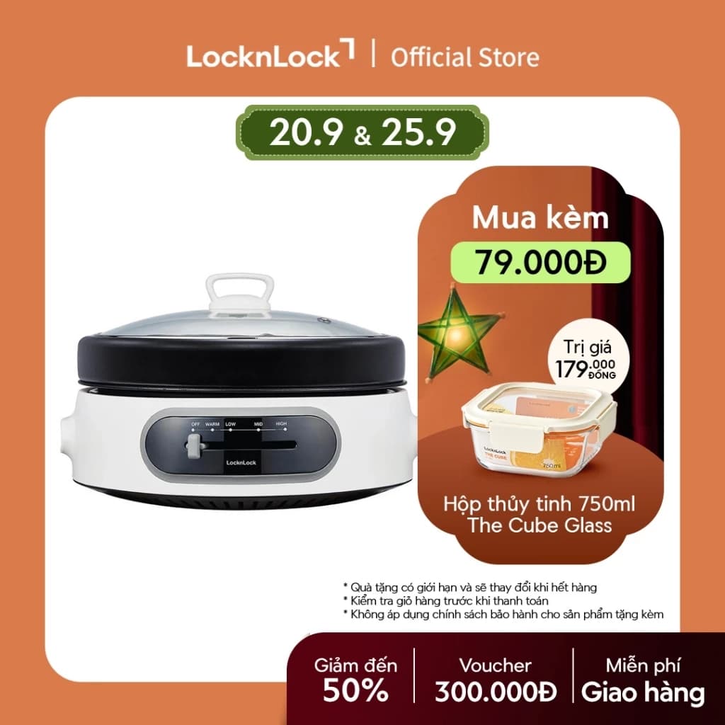 Nồi điện đa năng chống dính Lock&Lock Multi Cooker 4L 26cm màu trắng EJP544WHT chảo nướng và lẩu