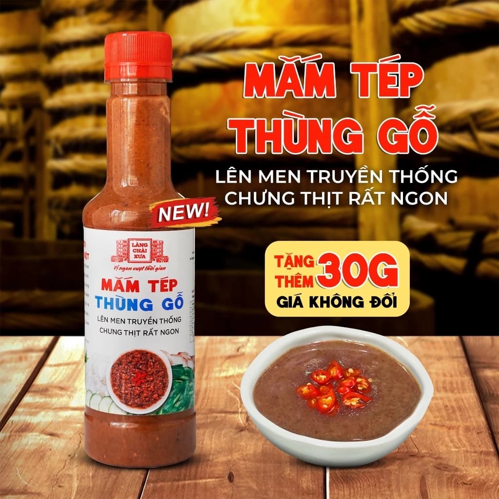 Mắm tép thùng gỗ chai nhựa 260g Làng Chài Xưa chưng thịt rất ngon, lên men truyền thống