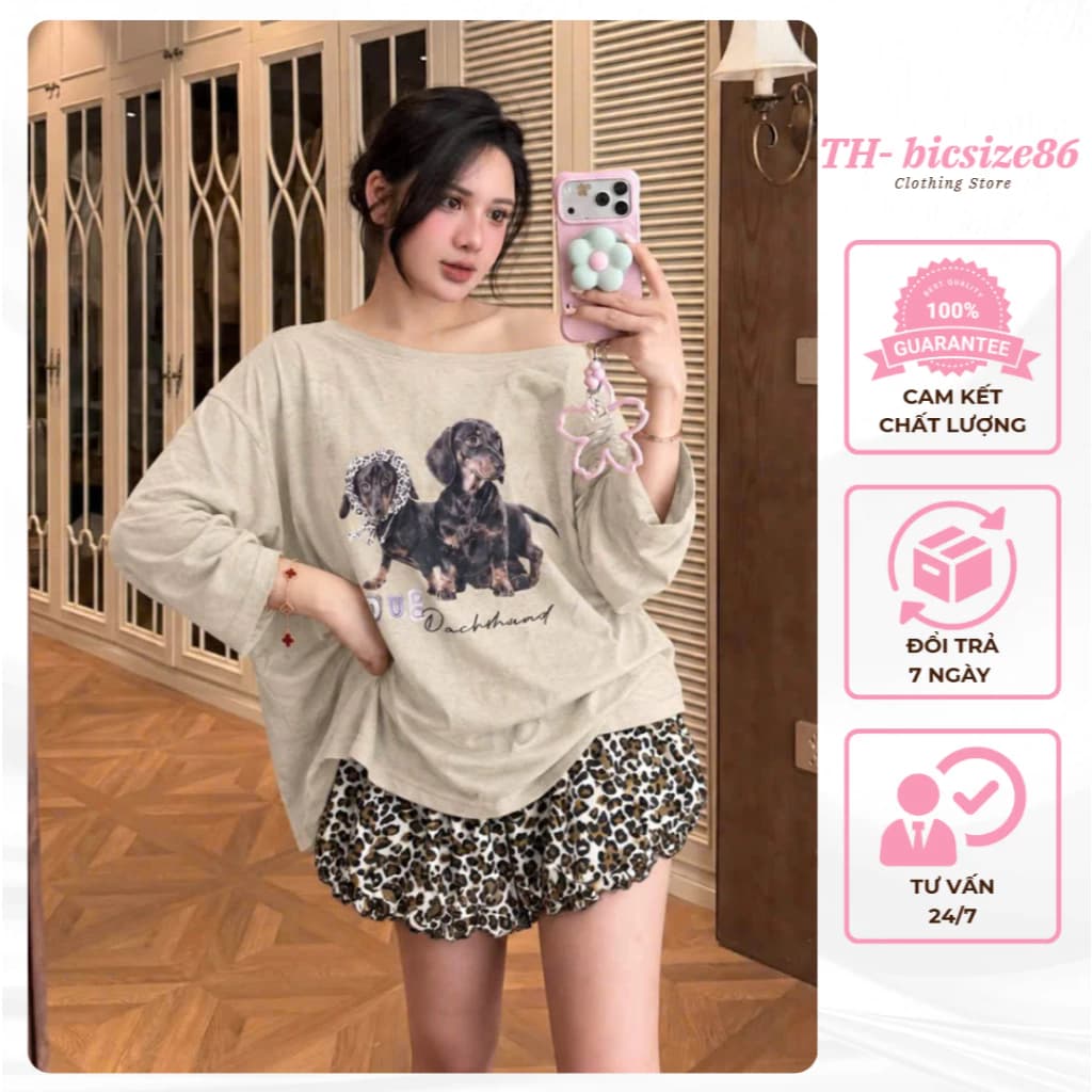 Set áo giấy cho nữ in hình chú chó, lệch vai mix quần hoạ tiết báo, bom rộng 2 lớp