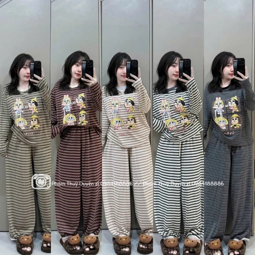 Set áo thun dài tay cho nữ kẻ in hình kute, phối màu viền, mix quần bom thụng
