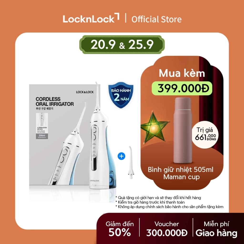 Máy tăm nước không dây 4 chế độ dùng được răng niềng Lock&Lock Cordless Oral Irrigator 200ml - Màu xanh - ENR156BLU