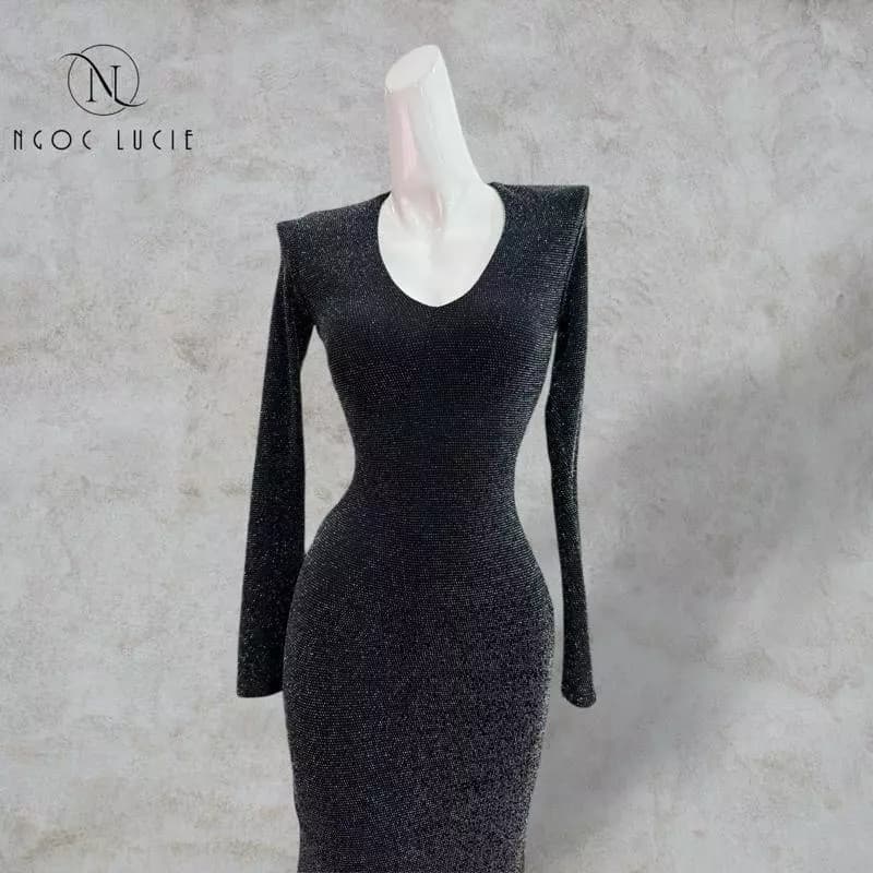 D1083 - Đầm Body Tay Dài Cổ Tim Vải Kim Tuyến Phong Cách Sang Trọng, Tôn Dáng - Ngọc Lucie