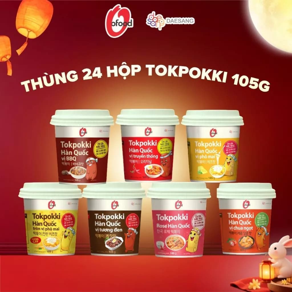 Thùng 24 hộp tokbokki Hàn Quốc O'food ăn liền 5 vị tiện lợi 105g