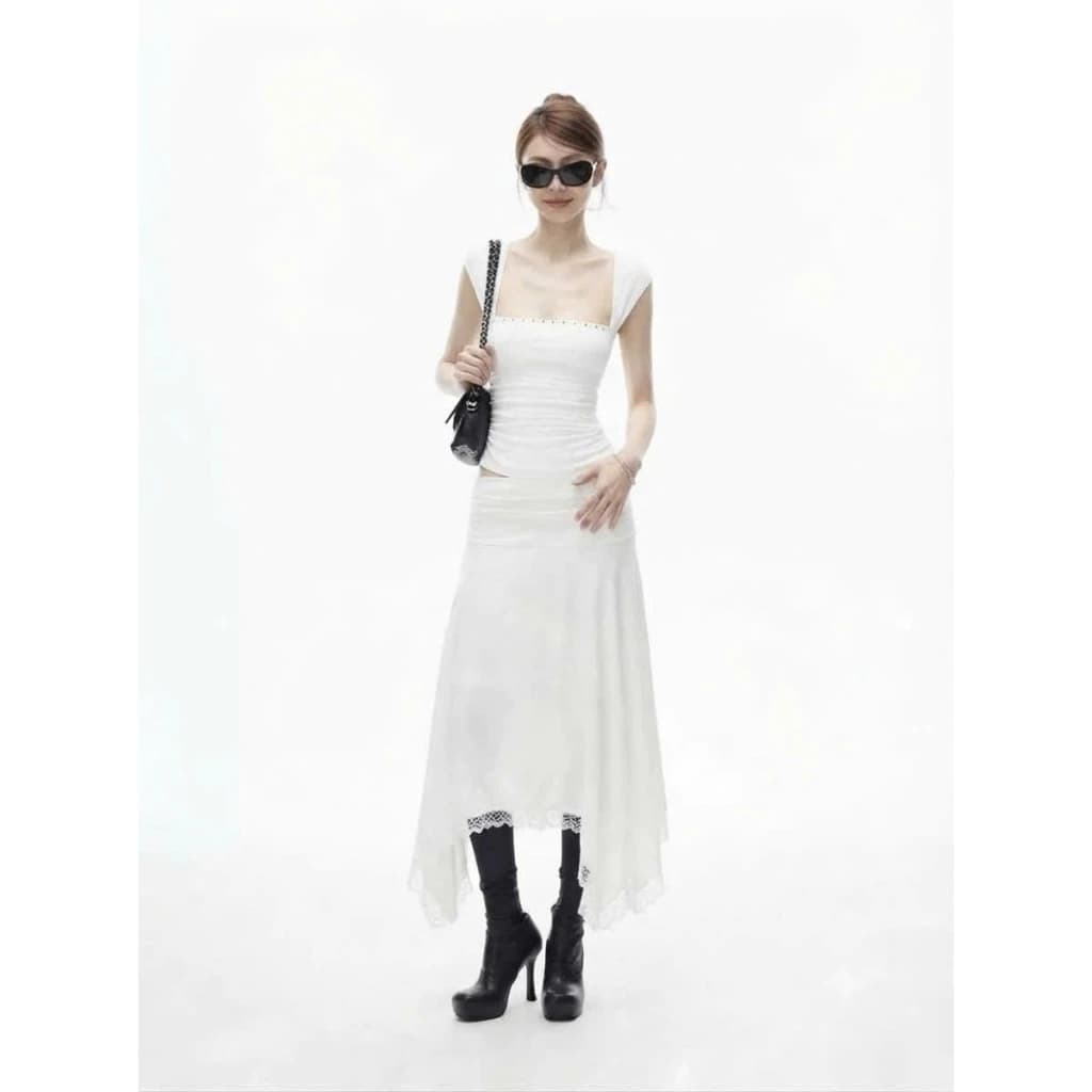 Set Áo Kèm Chân Váy Tua Rua Tiểu Thư Thun Co Dãn Siêu Tôn Dáng