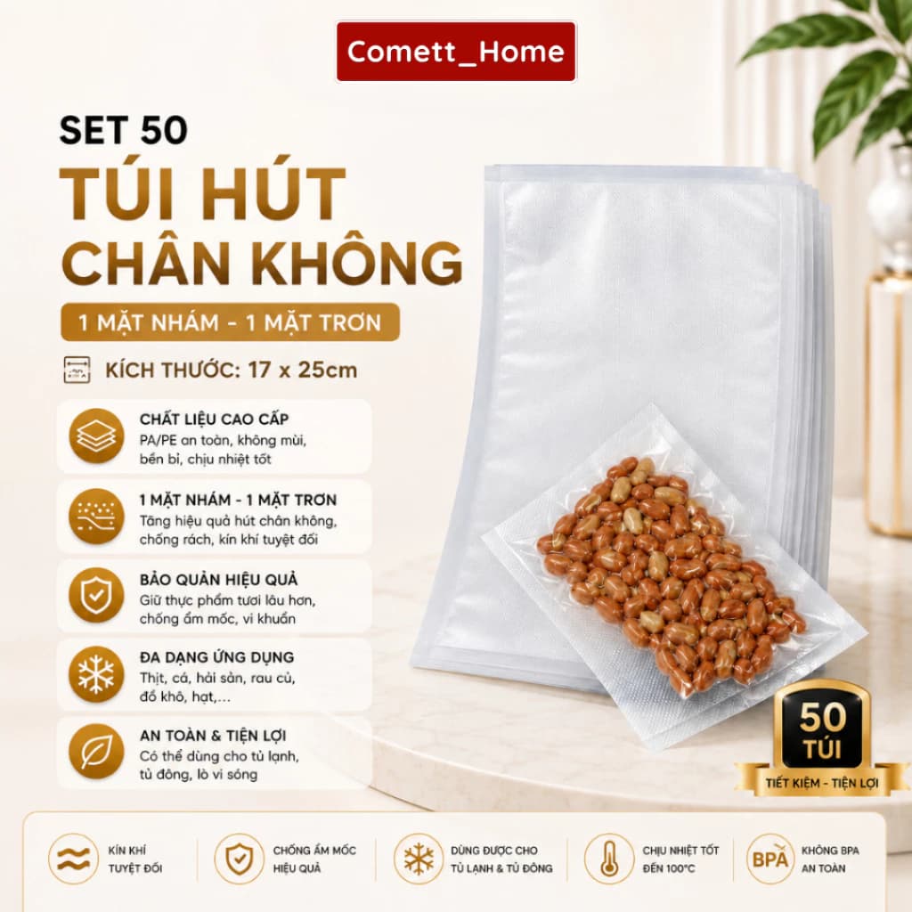 Combo 50 Túi Hút Chân Không Thực phẩm 1 Mặt Nhám Kích Thước 17x25CM, Hợp Các Loại Máy Hút