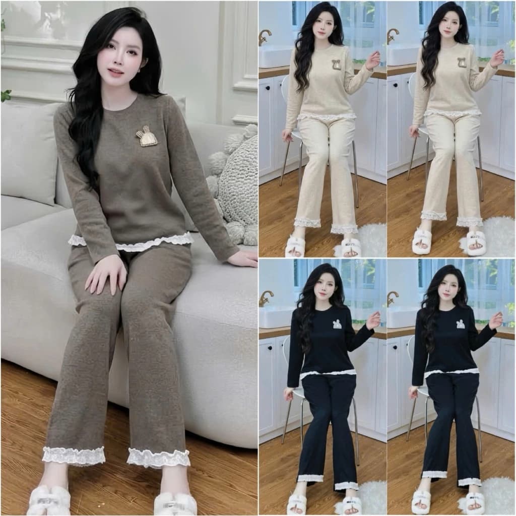 HT94. [BỘ ] Sét chất len lông thỏ mềm, áo phối ren, quần phối ren