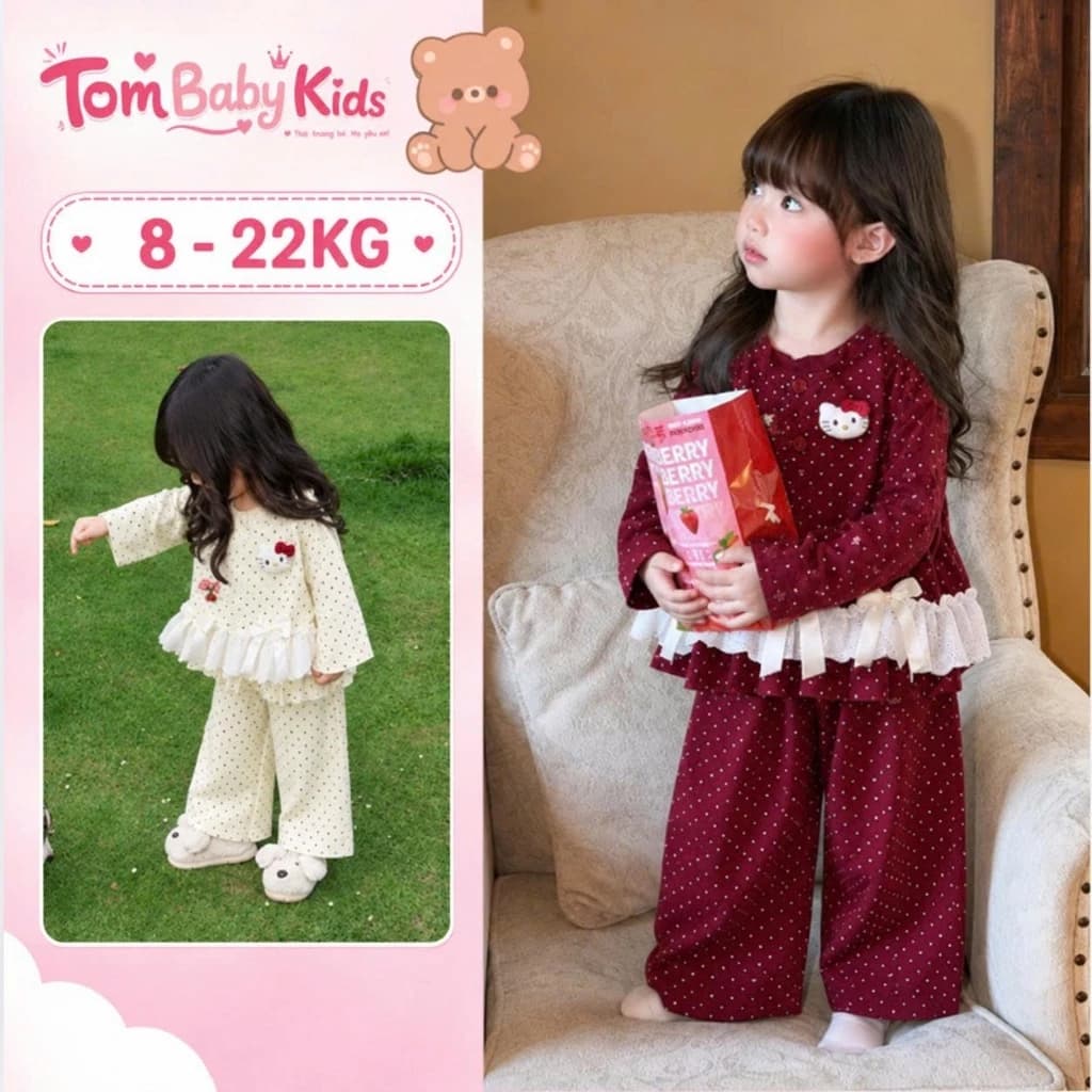 Đồ bộ cho bé gái thu đông, set đồ bé gái chấm bi phối bèo ren gắn Nơ Hello Kitty xinh xắn cho bé 8-22kg Tom Baby Kids