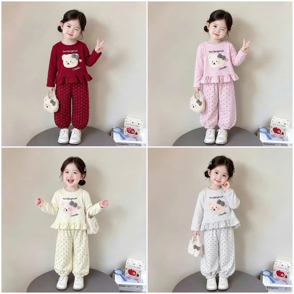 Bộ dài tay thu đông cho bé gái chất liệu tăm lông thỏ gắn nơ, 4 màu, sz 8-22 kg #bodothudong #bodobegai #thudong2026