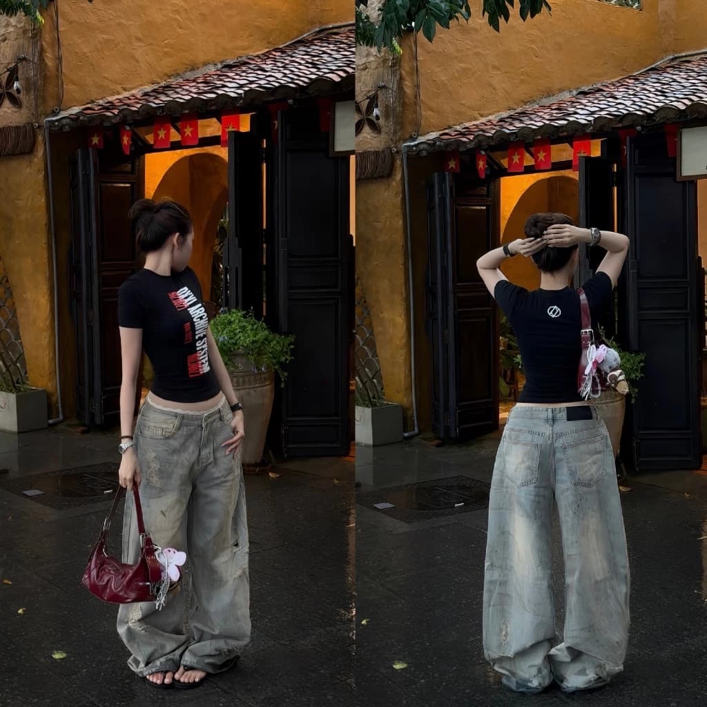 [ DAILY SET ] Áo thun ôm baby tee SLIMFIT DANEJI VER6 - QUẦN JEANS ỐNG RỘNG LOANG BỤI BY DANEJI