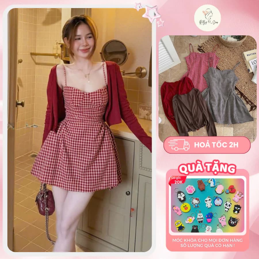 Set Váy 2 Dây Caro Kèm Áo Cardigan Tay Dài Nữ Dáng Xòe Thời Trang Đi Chơi Đi Cafe Ruby Store