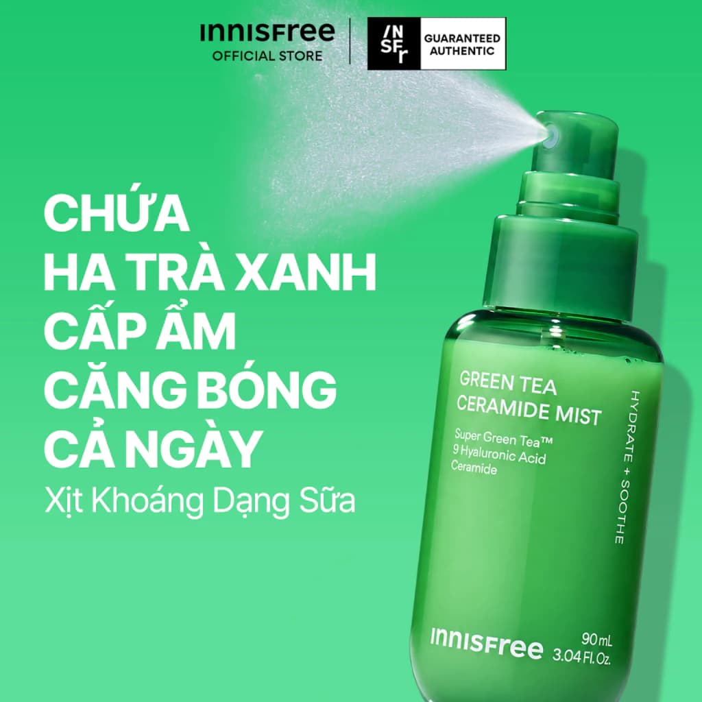 Xịt khoáng dạng sữa INNISFREE Green Tea Ceramide Mist chứa HA trà xanh cấp ẩm căng bóng cả ngày 90ml