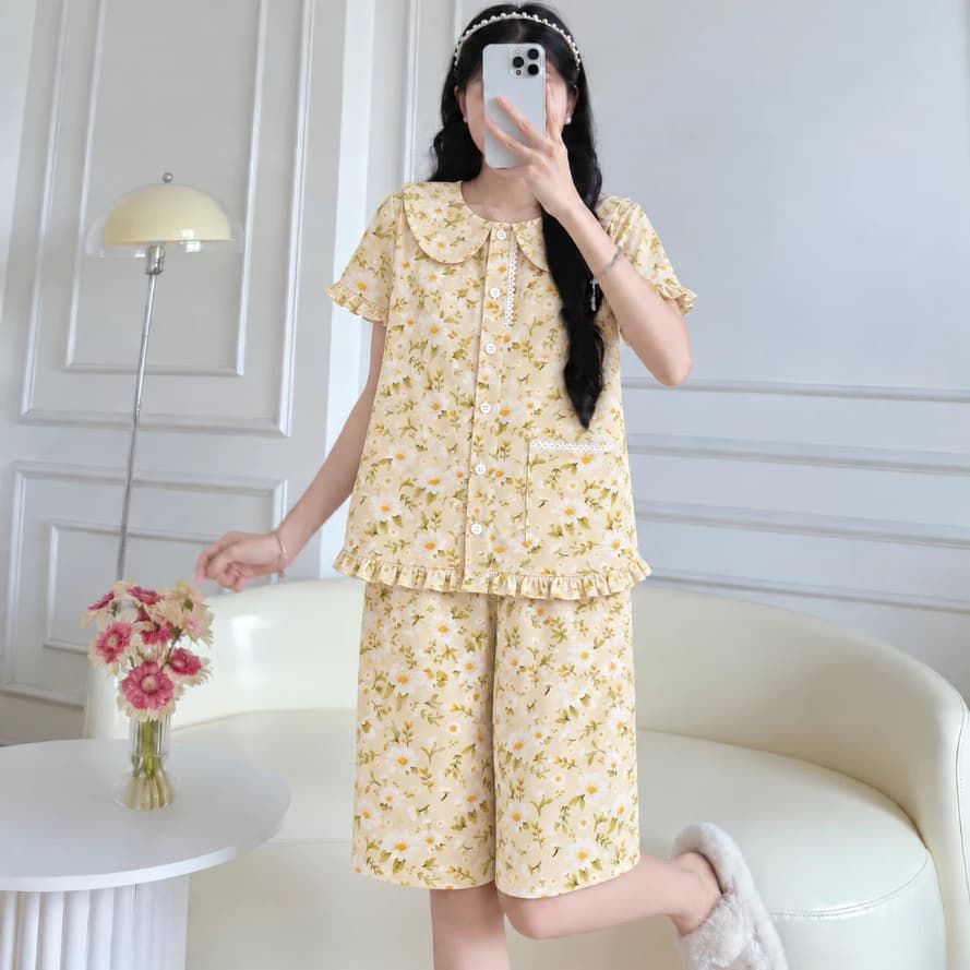 Bộ ngủ cánh tiên quần lửng dễ thương Cotton, Xô muslin, Lụa, Đũi, Tôn, Lanh, Kate thô DBTK