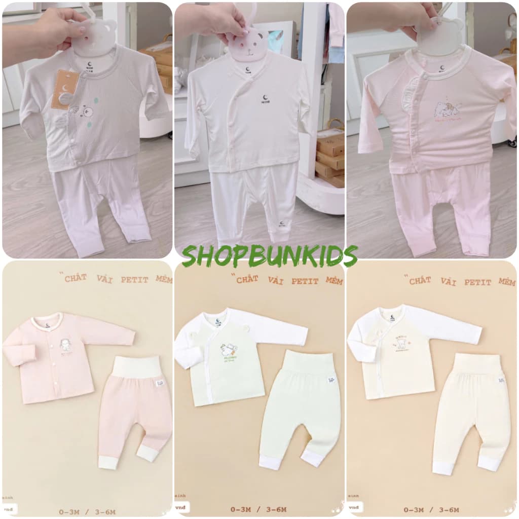 Bộ dài tay sơ sinh Moon vải petit cài chéo mỏng mát in hình  xuân  hè màu Moon@ 0-3M 3-6M